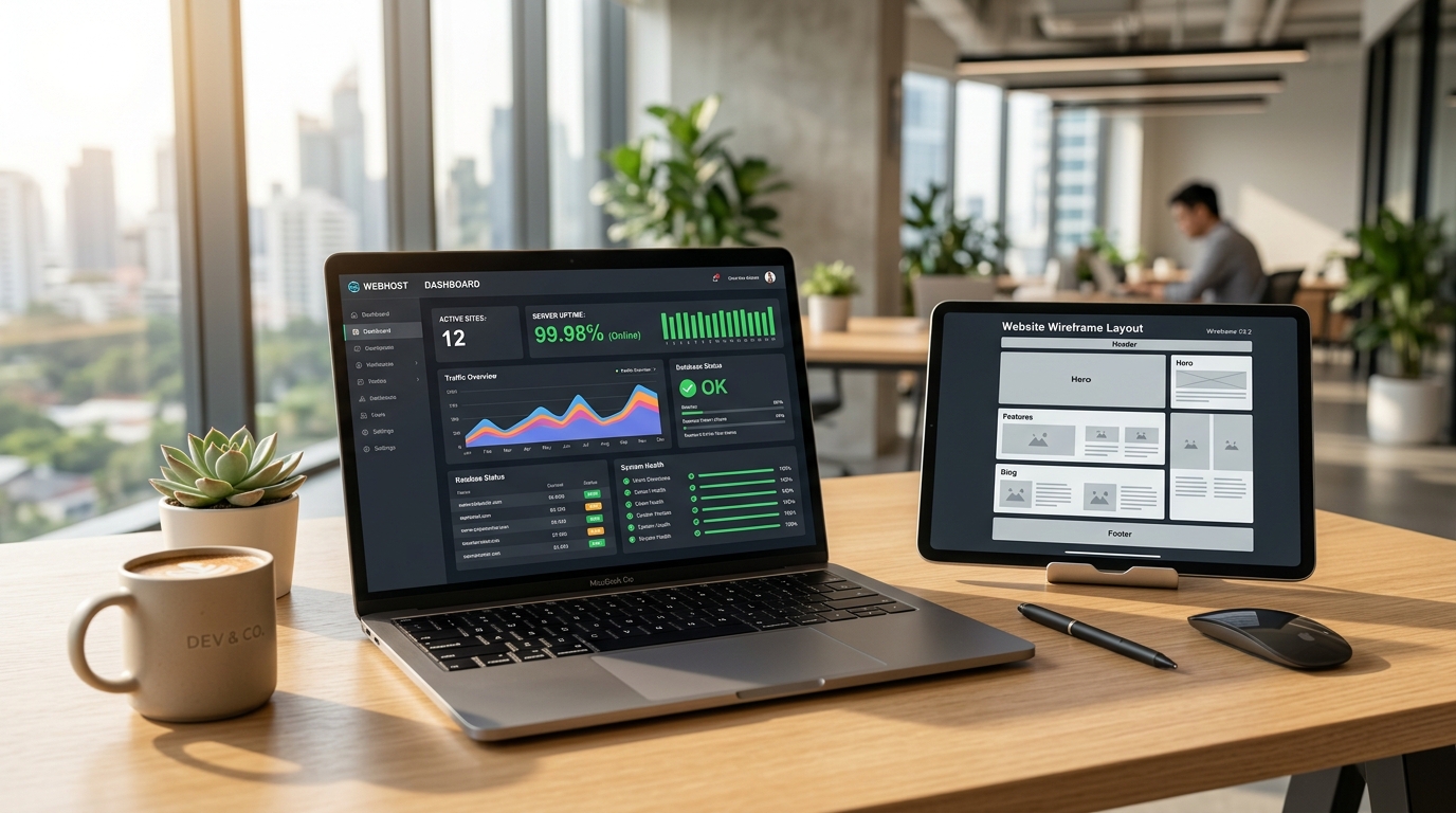 Modern web hosting dashboard displaying website wireframe, server uptime metrics, and traffic analytics on a workstation in Ghana
